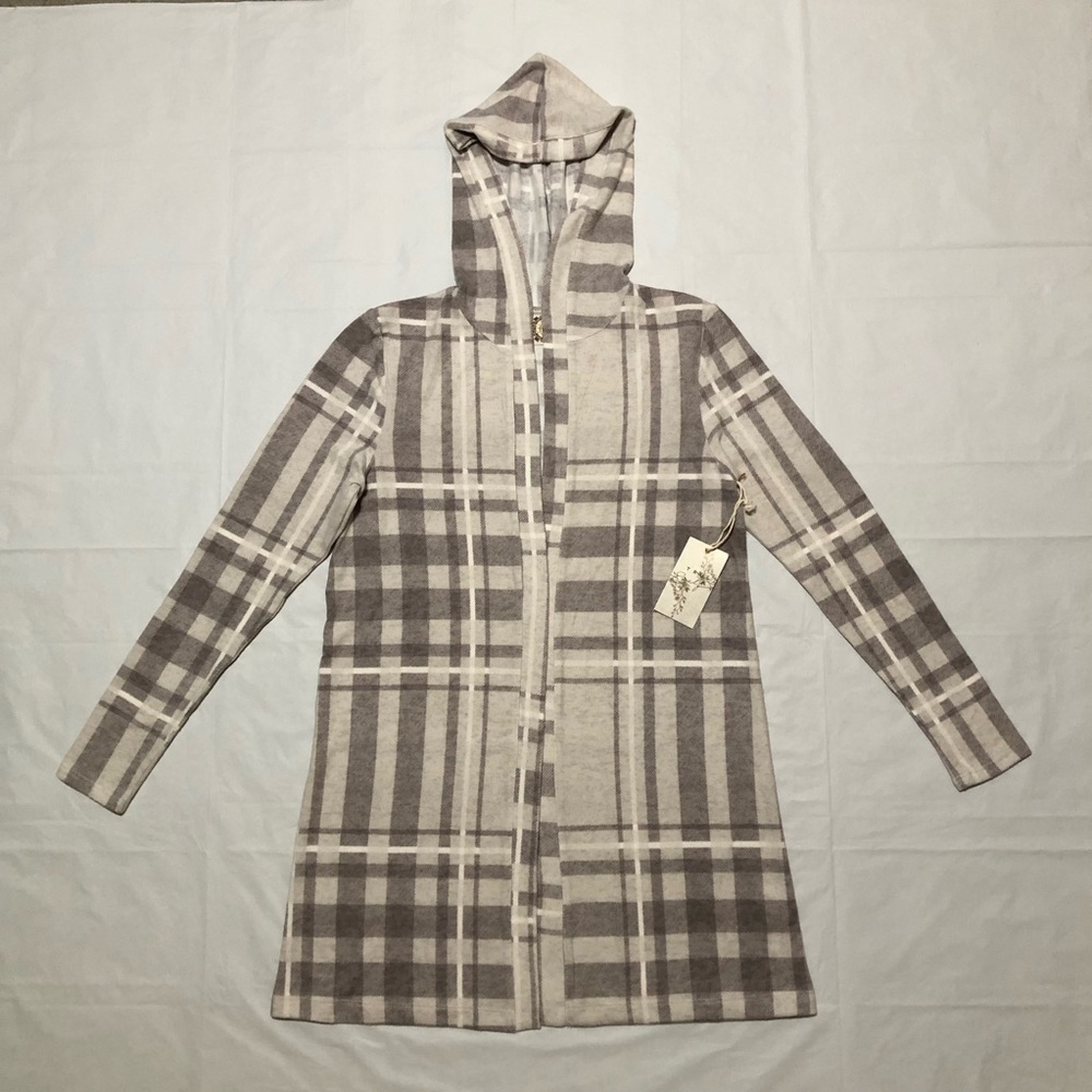 NWT Tru Self Women’s Long Sleeve Open Front Hooded Gray & White Plaid Cardigan M